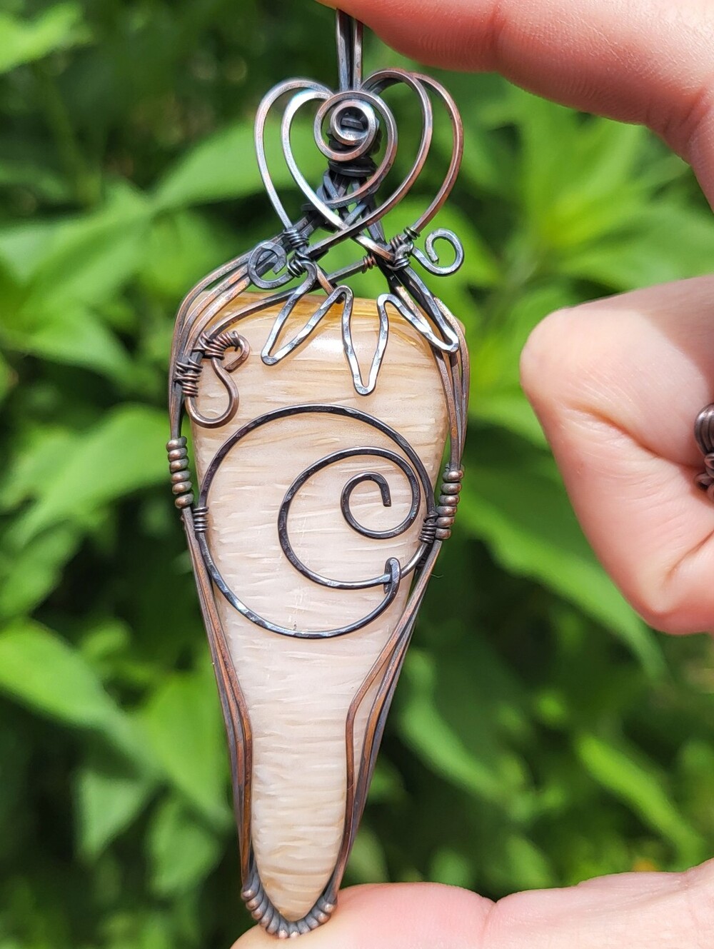 Handcrafted Copper Wire Wrapped Petrified Palm Wood Pendant